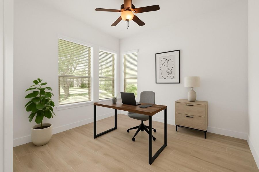 Nestled away quietly in the front of the home is the home office! Featuring high ceilings, wood like flooring, French doors, a ceiling fan and large windows, this is the ideal space to work from home! *This photo has been virtually staged Nestled away quietly in the front of the home is the home office! Featuring high ceilings, wood like flooring, French doors, a ceiling fan and large windows, this is the ideal space to work from home! *This photo has been virtually staged