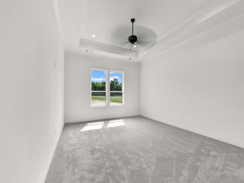 Unfurnished living room featuring ceiling fan, beam ceiling, high vaulted ceiling, recessed lighting, and a chandelier Unfurnished living room featuring ceiling fan, beam ceiling, high vaulted ceiling, recessed lighting, and a chandelier