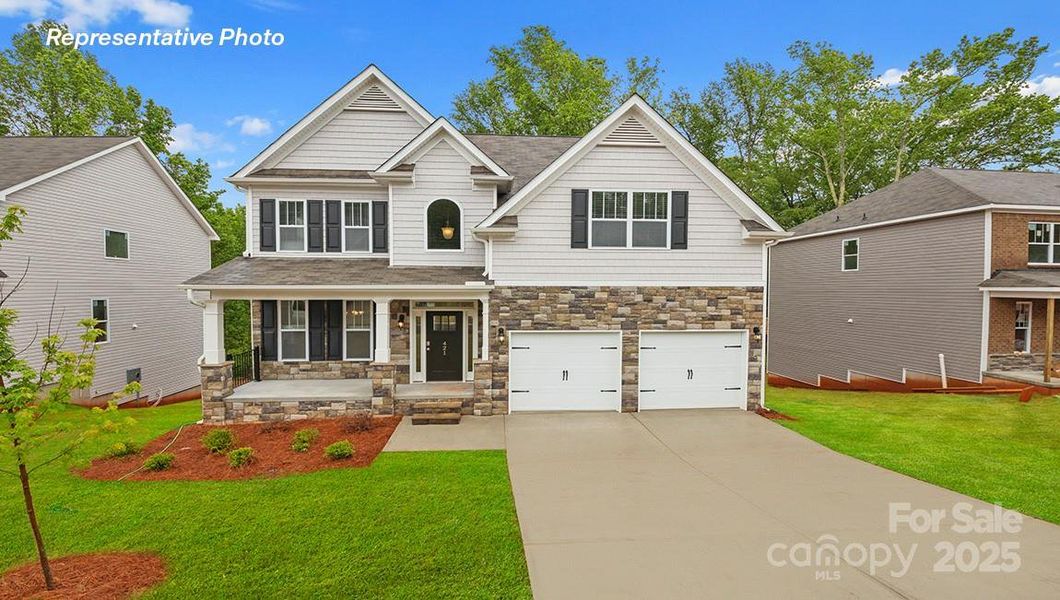 Front exterior of a new home in Sylvan Creek, Denver, NC, highlighting curb appeal (Image 1).