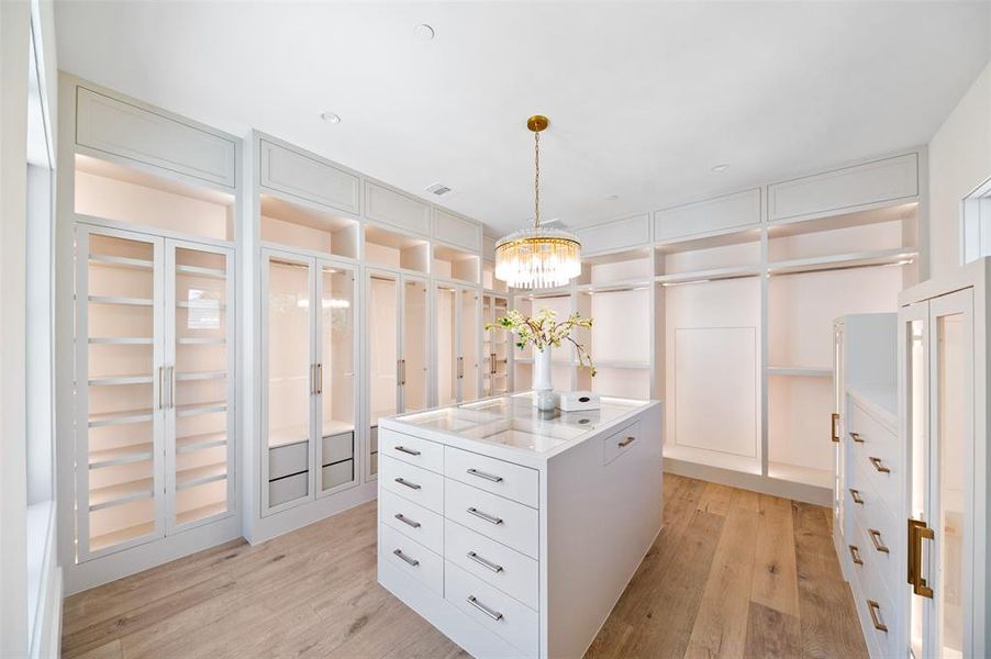 Primary walk-in closet with downlighting in each glass-enclosed cabinet.