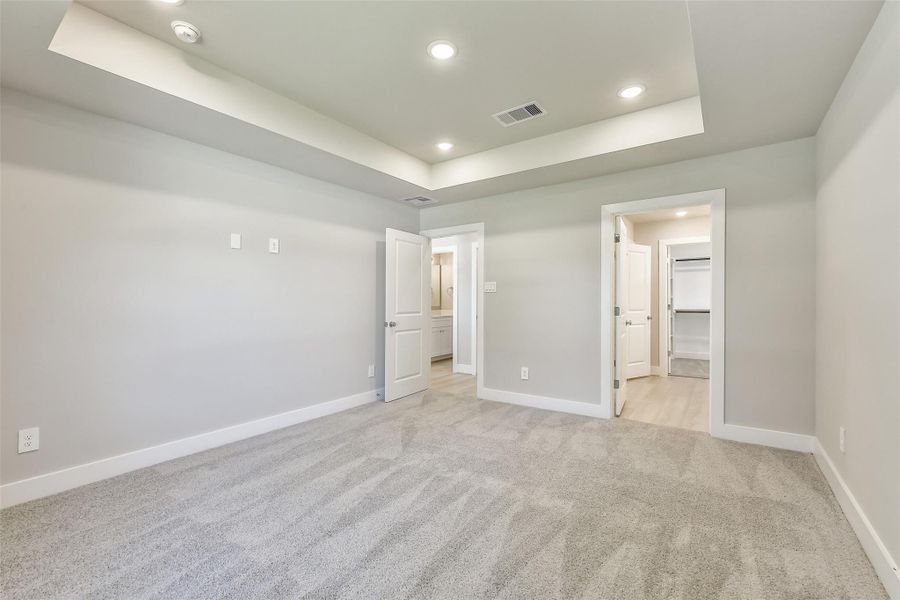 Generously sized primary suite with a functional flow leading to the bathroom and expansive walk-in closet.