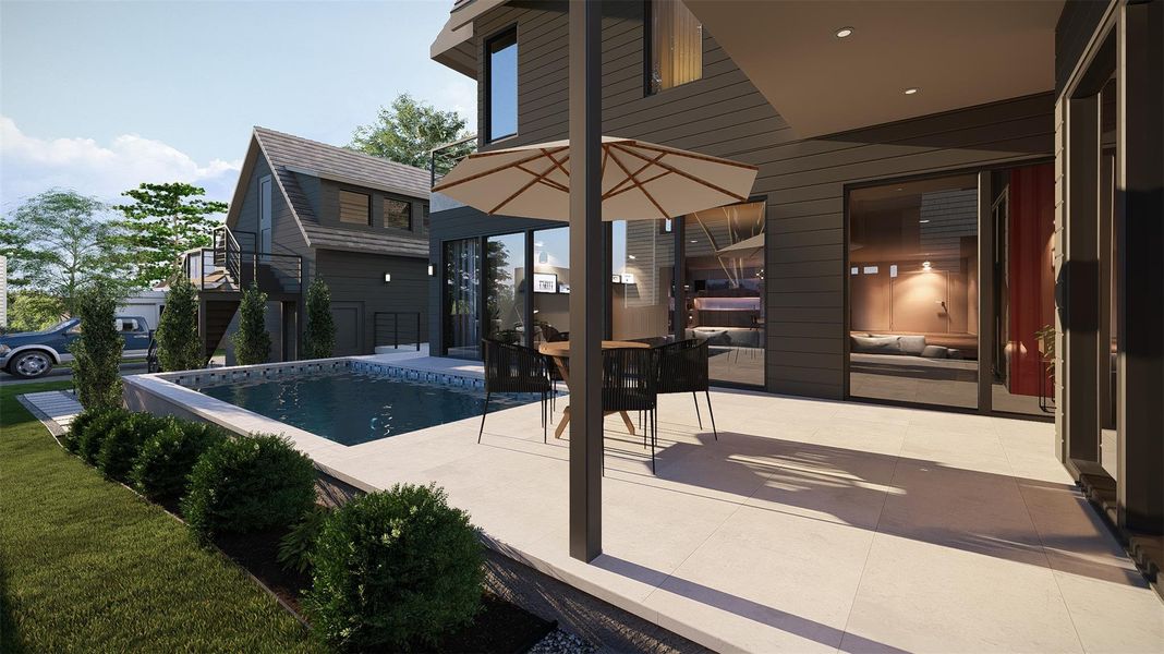 Sleek modern architecture lines this private patio alongside a sparkling in-ground pool. Sleek modern architecture lines this private patio alongside a sparkling in-ground pool.