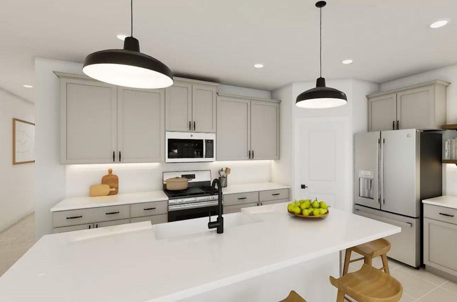 Stylish kitchen with ash grey cabinets and quartz counters (*Artist rendering used for illustration purposes only.)