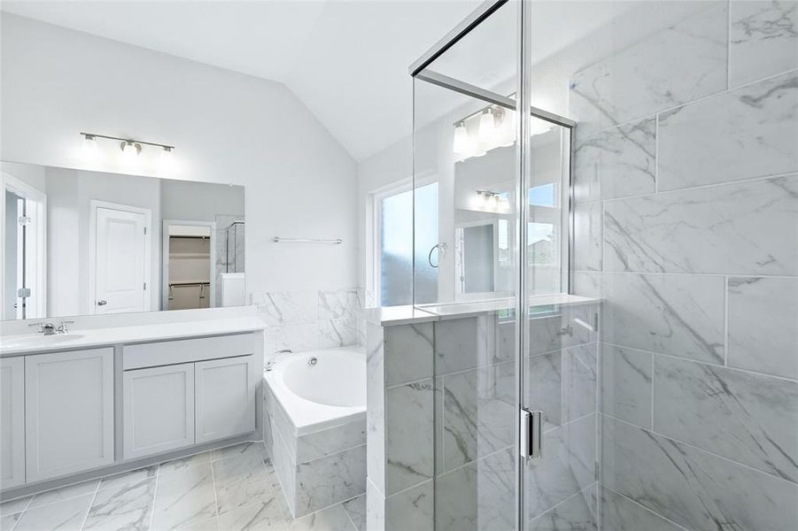 Bathroom with a shower stall, a garden tub, vanity, and lofted ceiling Bathroom with a shower stall, a garden tub, vanity, and lofted ceiling