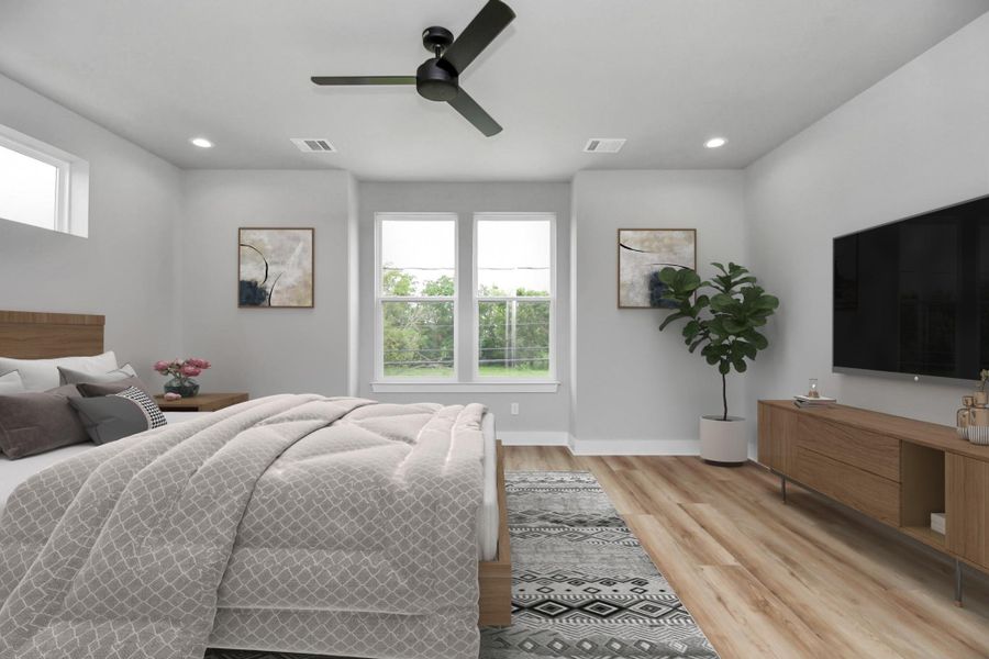 Spacious bedroom with modern finishes and abundant natural light. Clean, calming design creates a perfect retreat.