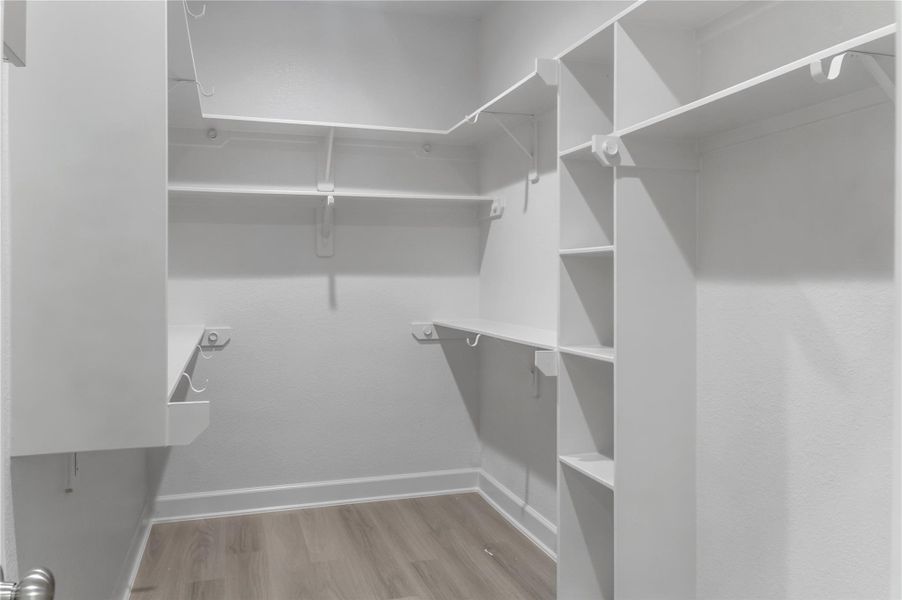 This photo showcases a spacious, well-organized walk-in closet with multiple shelves and hanging rods, featuring a clean, modern design and light wood flooring.