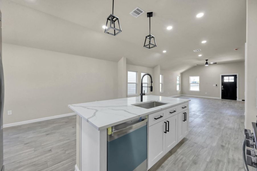 Functional kitchen island with built-in dishwasher and ample prep space, offering a clear view of the sun-drenched living room and front entrance.