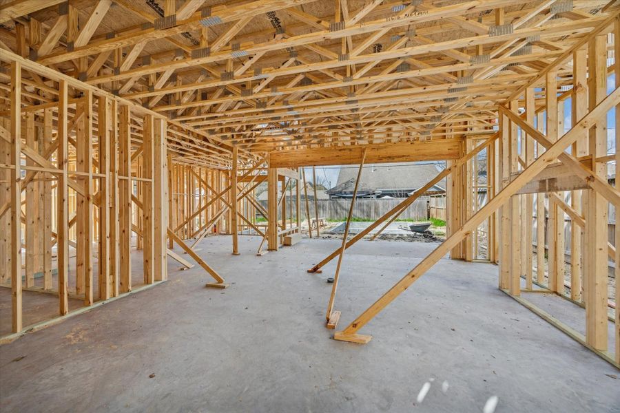 Open concept first floor looking towards living room/dining room out into the backyard with pool. *Current construction 2/26/26