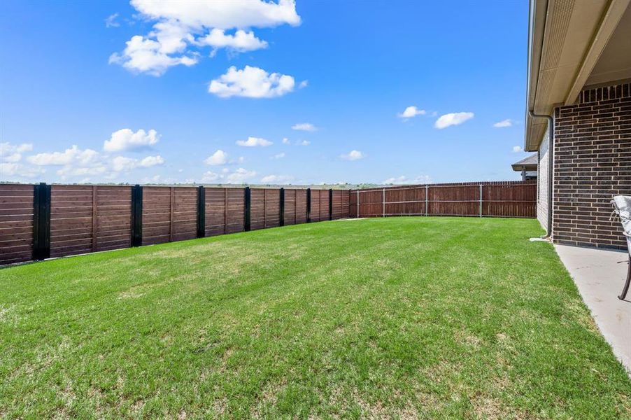 Expansive backyard with a lush green lawn and privacy fence, offering endless possibilities for outdoor fun and entertaining.