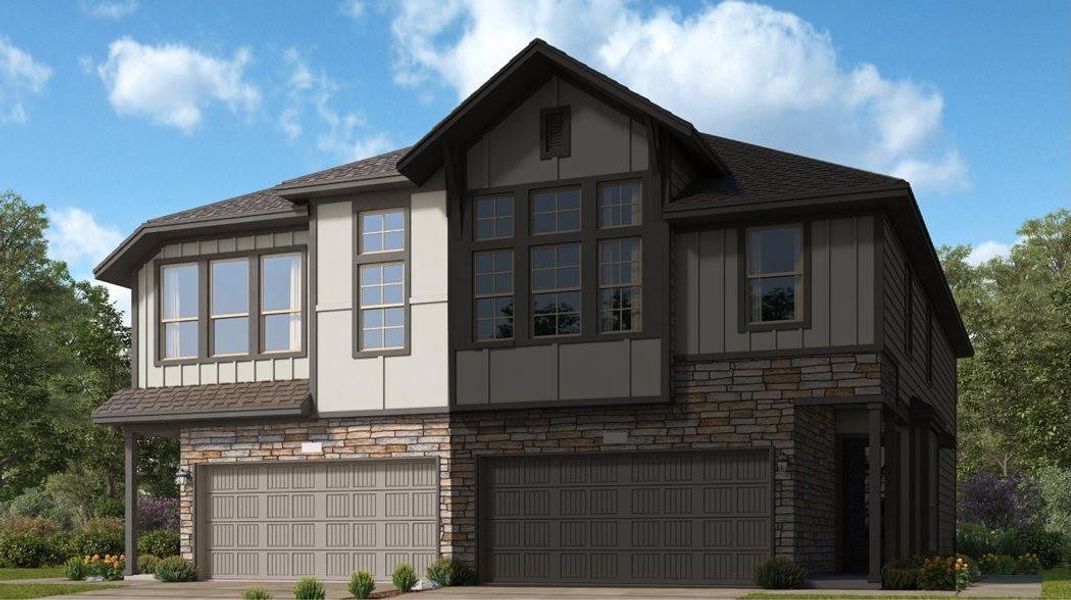 Front exterior of a new home in Bridgeland: Urban Villas, Cypress, TX, highlighting curb appeal (Image 2). Front exterior of a new home in Bridgeland: Urban Villas, Cypress, TX, highlighting curb appeal (Image 2).