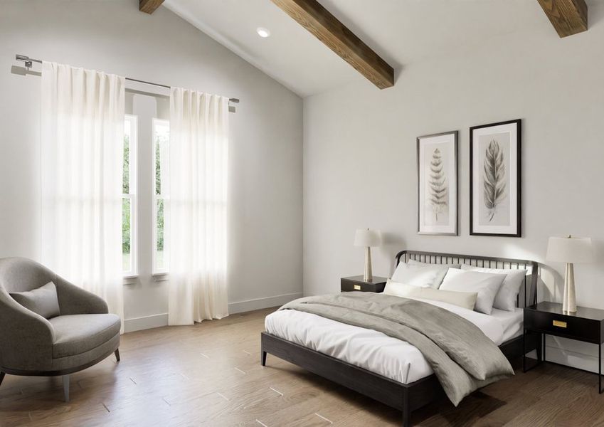 A minimalist bedroom with a modern design features a cozy bed, wooden beams, soft lighting, a plush chair, and elegant plant artwork, creating a serene atmosphere.