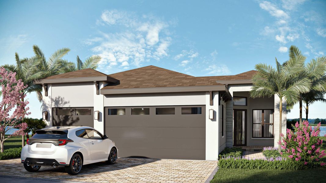Front exterior of a new home in Solana Bay at Avenir, Palm Beach Gardens, FL, highlighting curb appeal (Image 1).