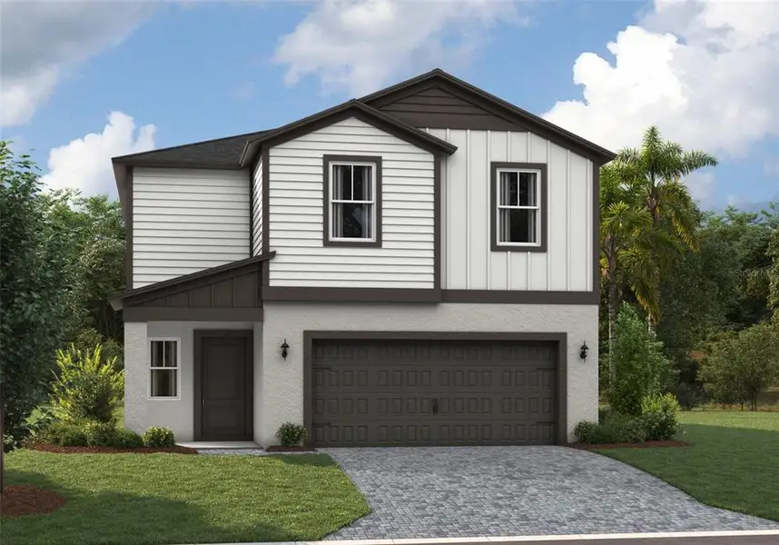 Front exterior of a new home in Pasadena Ridge, Zephyrhills, FL, highlighting curb appeal (Image 1).