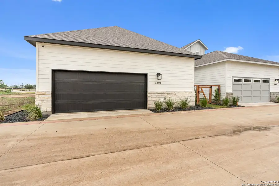 Front exterior of a new home in The Crossvine – Garden Homes, Schertz, TX, highlighting curb appeal (Image 1).