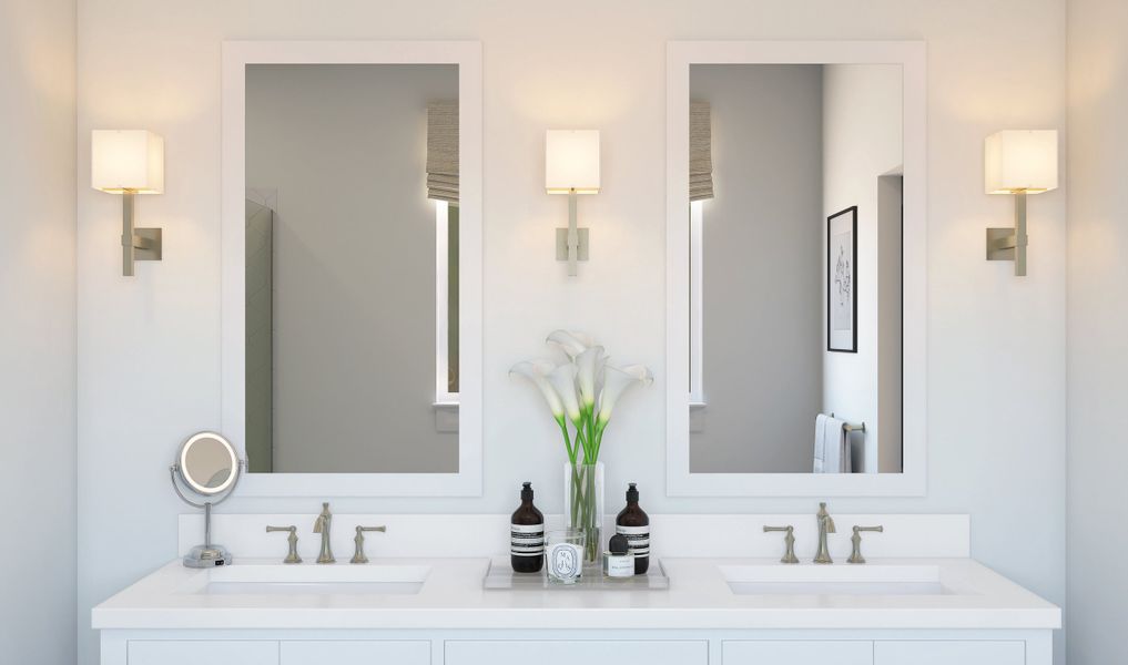 Primary bath with white-framed mirrors