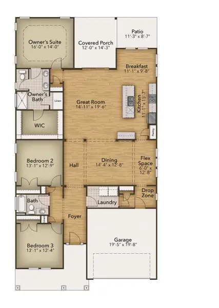 2D floor plan layout for the The Boardwalk by Chesapeake Homes in Coastal Club of the Carolinas, Calabash, NC (Image 3).