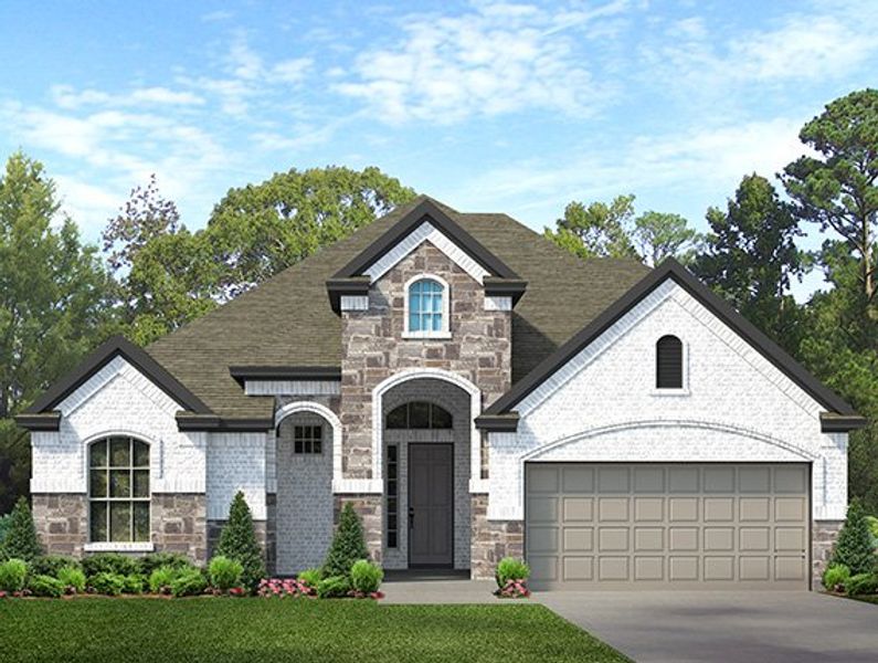 Front exterior of a new home in The Highlands, Porter, TX, highlighting curb appeal (Image 2). Front exterior of a new home in The Highlands, Porter, TX, highlighting curb appeal (Image 2).