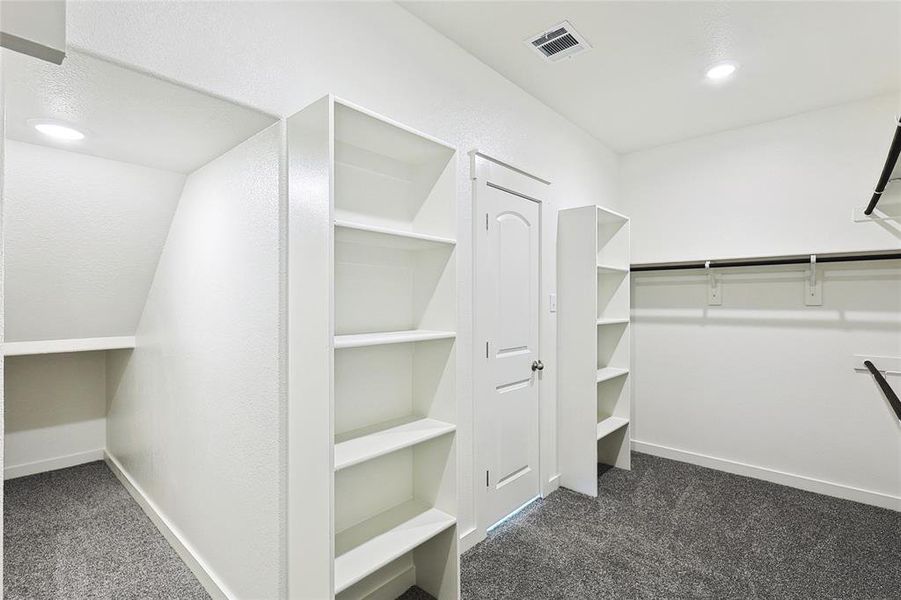 Walk in closet with dark carpet