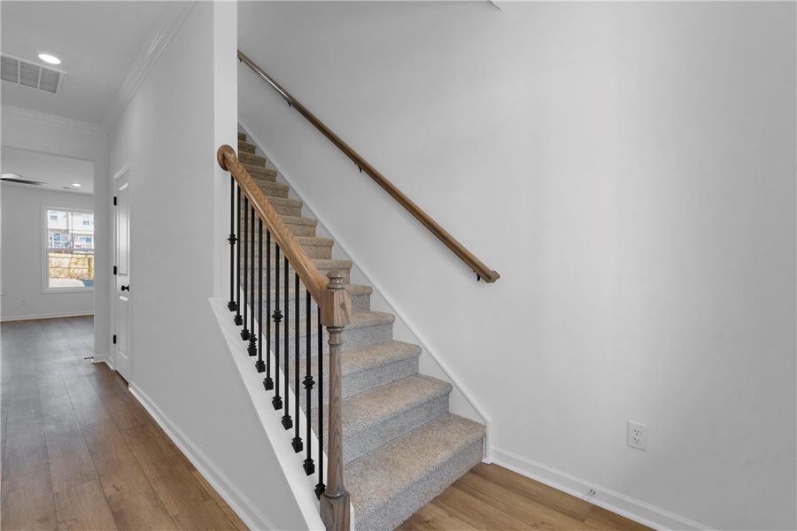 This interior showcases a carpeted staircase with