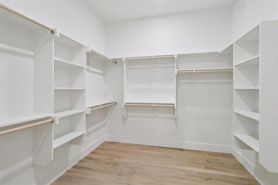 Walk in closet with wood finished floors