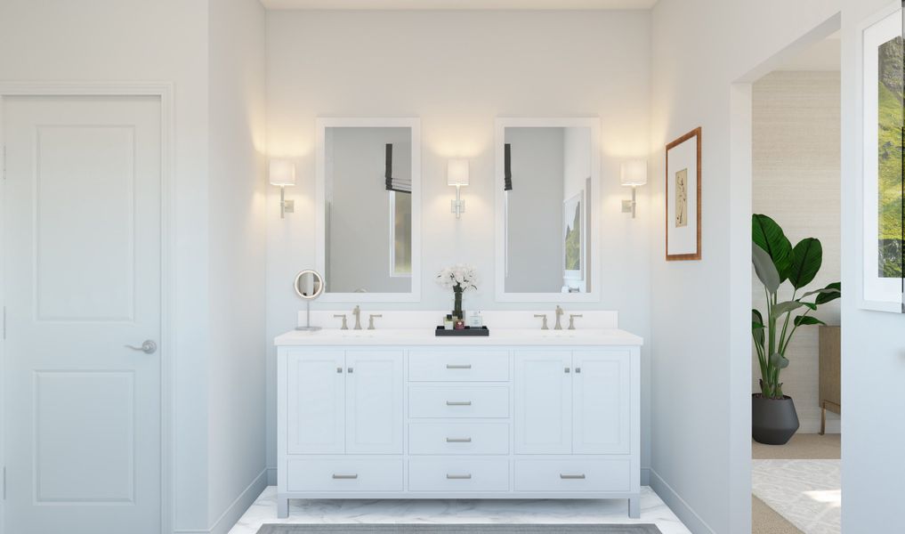 Primary bath with freestanding vanities