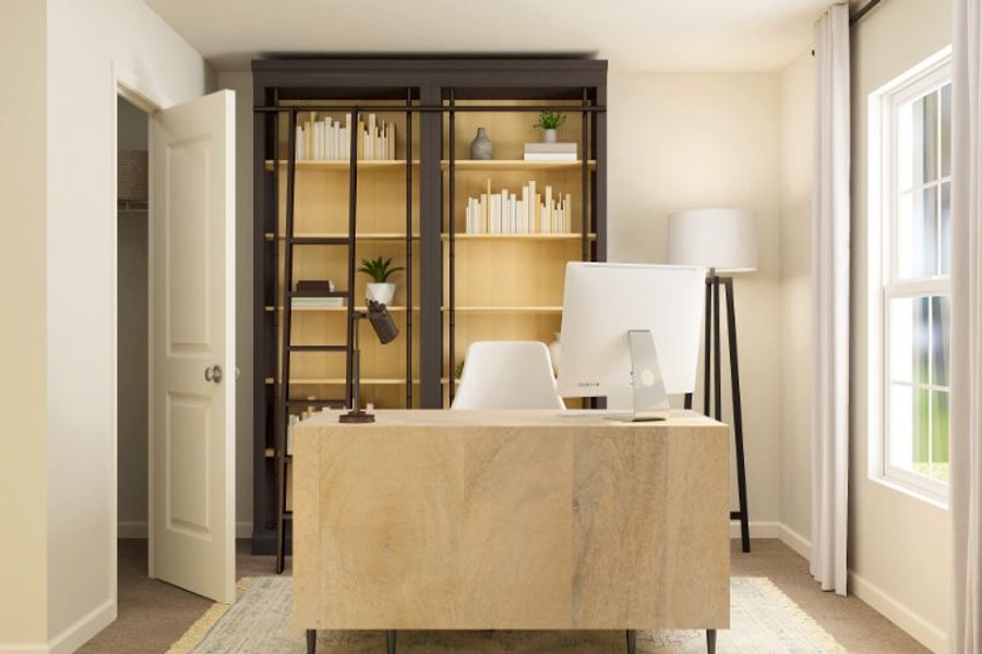 A room with a table and shelves. A room with a table and shelves.