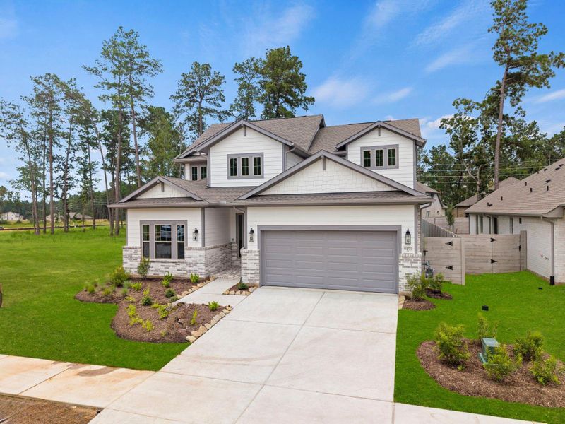 Front exterior of a new home in Two Step Farm, Montgomery, TX, highlighting curb appeal (Image 20). Front exterior of a new home in Two Step Farm, Montgomery, TX, highlighting curb appeal (Image 20).