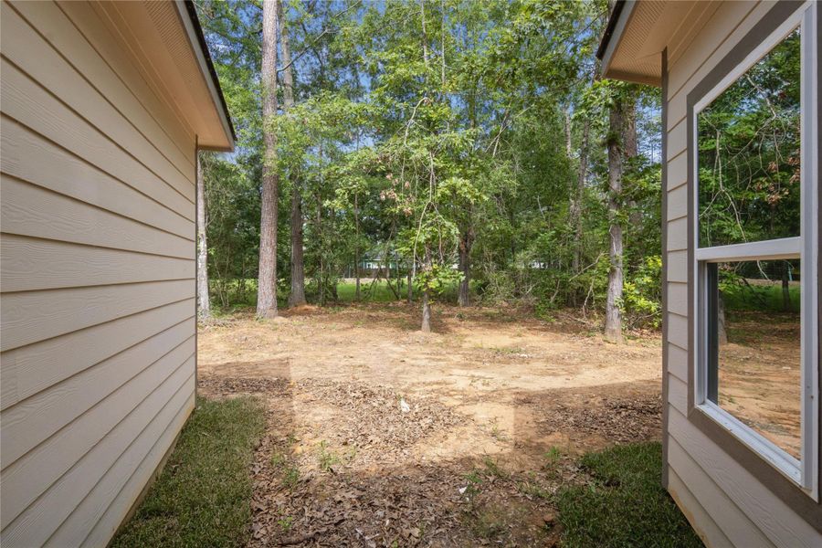 Discover the expansive backyard from the back porch, perfect for BBQs and entertaining amidst a serene, tree-lined setting.