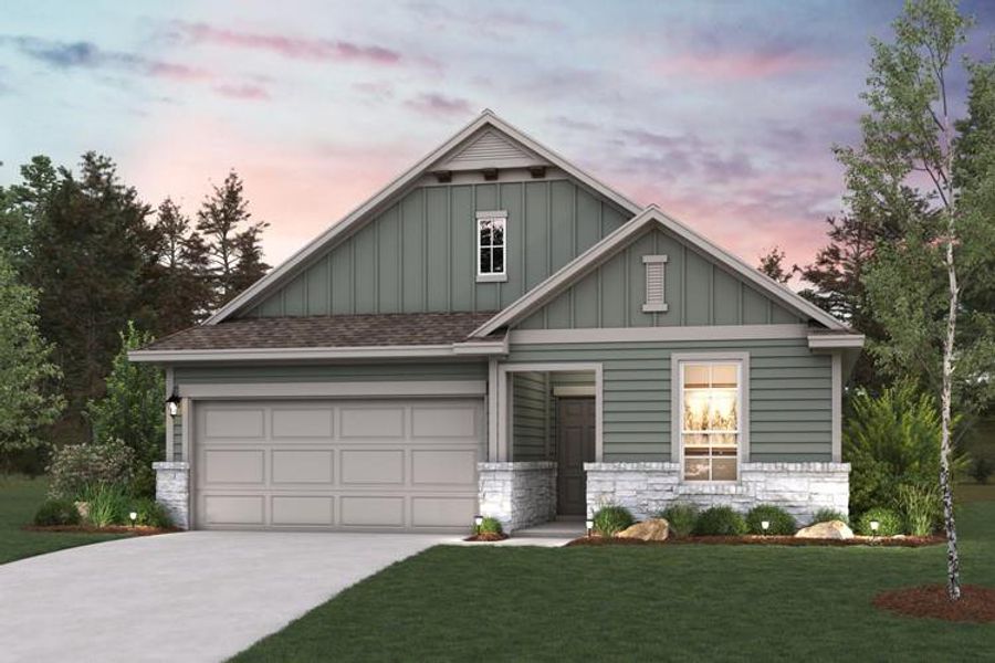 Craftsman house featuring concrete driveway, stone siding, roof with shingles, board and batten siding, and a front yard