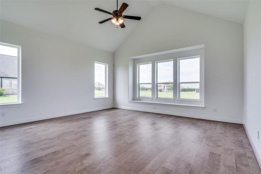 Empty room with plenty of natural light, high vaulted ceiling, and wood-type flooring