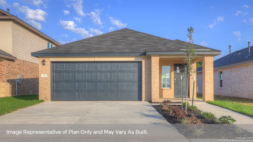 Front exterior of a new home in Whisper South, San Marcos, TX, highlighting curb appeal (Image 1).