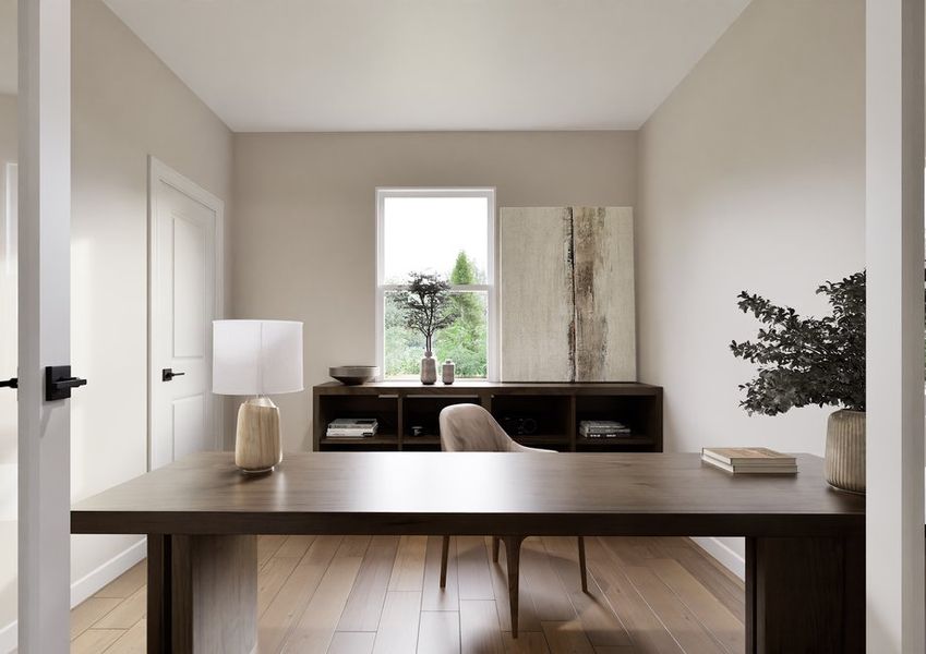 A minimalist home office with a wooden desk, vinyl wood plank flooring, and a large window. Features a potted plant, table lamp, and wall art, creating a calm, organized atmosphere.