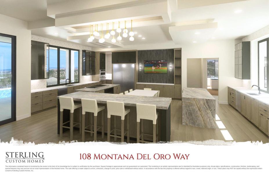 Kitchen with a breakfast bar, stainless steel appliances, granite countertops, combination of painted and stained cabinetry, and pendant lighting, ceiling treatments.  Custom window that opens to outdoor living.