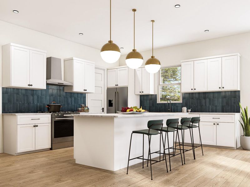 The chef-inspired kitchen featuring sleek finishes, smart storage, and a seamless flow into the main living areas. Image shown is an artist’s rendering; final colors and selections may vary. Please see the New Home Consultant for details.