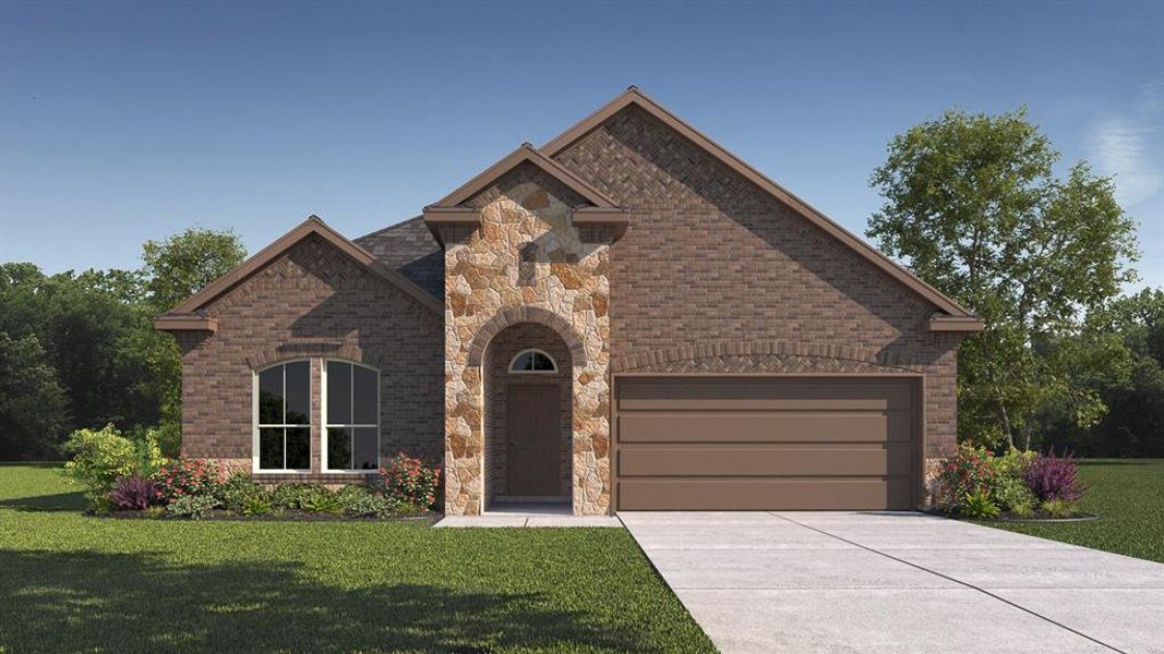Front exterior of a new home in Fireside by the Lake, Garland, TX, highlighting curb appeal (Image 1). Front exterior of a new home in Fireside by the Lake, Garland, TX, highlighting curb appeal (Image 1).