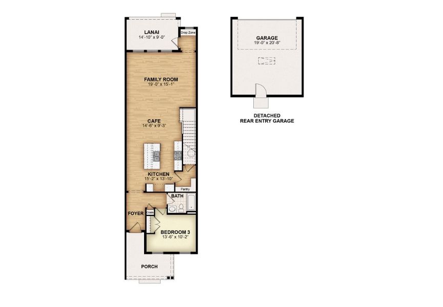 2D floor plan layout for the Whitney by Rockwell Homes in Harvest at Ovation - Townhomes, Winter Garden, FL (Image 4). 2D floor plan layout for the Whitney by Rockwell Homes in Harvest at Ovation - Townhomes, Winter Garden, FL (Image 4).