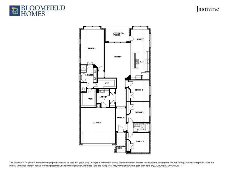 Bloomfield Homes Jasmine floor plan with four bedrooms, two bathrooms, family room, kitchen, and two-car garage. Bloomfield Homes Jasmine floor plan with four bedrooms, two bathrooms, family room, kitchen, and two-car garage.