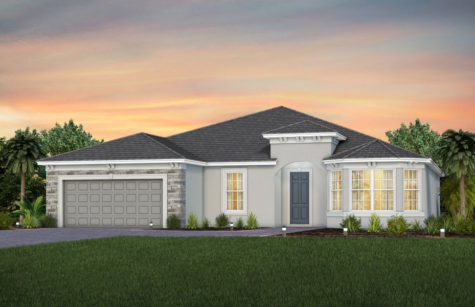 Front exterior of a new home in Del Webb Oak Creek, North Fort Myers, FL, highlighting curb appeal (Image 1). Front exterior of a new home in Del Webb Oak Creek, North Fort Myers, FL, highlighting curb appeal (Image 1).