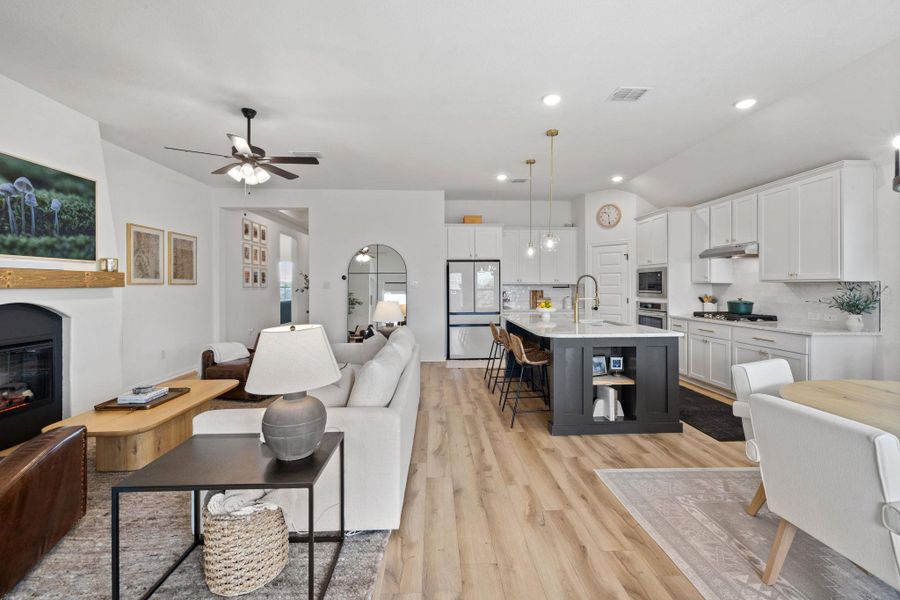 Wide view of Living Room and Kitchen