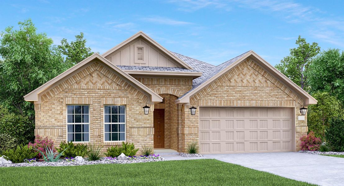 Front exterior of a new home in Lively Ranch: Brookstone Collection, Georgetown, TX, highlighting curb appeal (Image 1). Front exterior of a new home in Lively Ranch: Brookstone Collection, Georgetown, TX, highlighting curb appeal (Image 1).