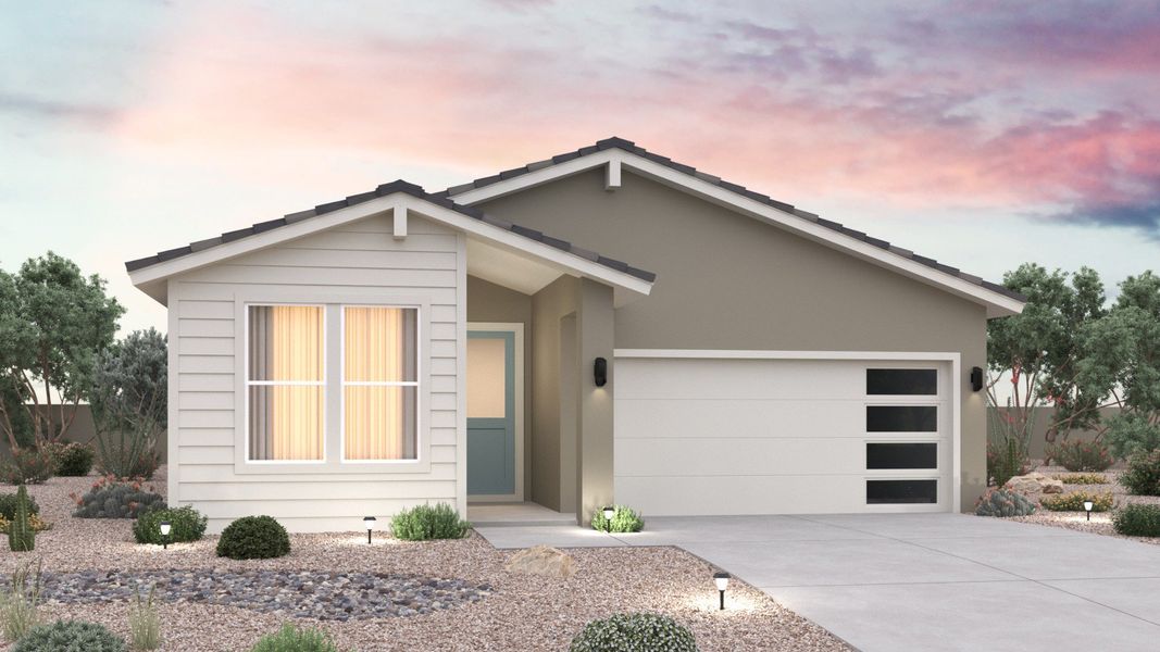 Front exterior of a new home in Teravalis, Buckeye, AZ, highlighting curb appeal (Image 4). Front exterior of a new home in Teravalis, Buckeye, AZ, highlighting curb appeal (Image 4).