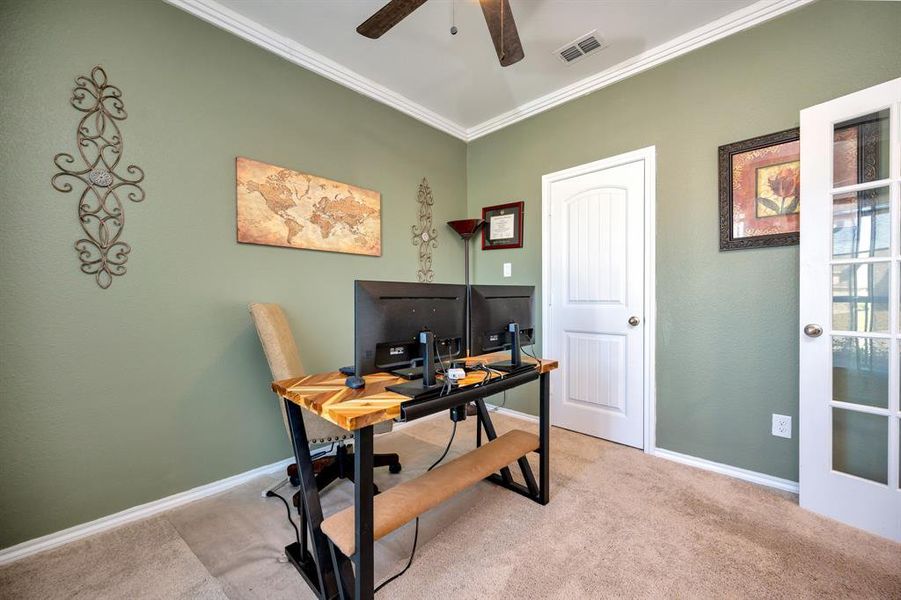 Carpeted office with ornamental molding and ceiling fan