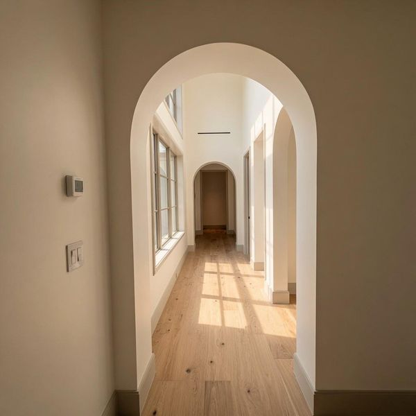 The primary suite and three additional bedrooms, each with its own ensuite, all open off this arched second floor hallway as light carries straight through it, room to room. The primary suite and three additional bedrooms, each with its own ensuite, all open off this arched second floor hallway as light carries straight through it, room to room.