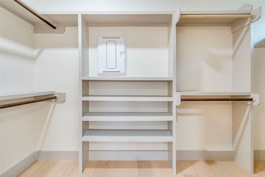 Walk in closet featuring light wood-style flooring and electric panel