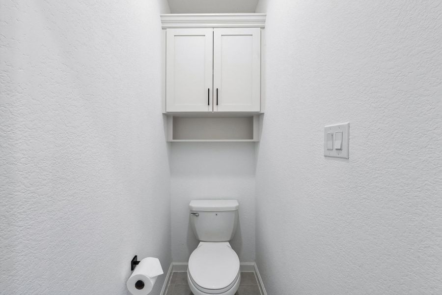 Additional storage was added in the water closet. Additional storage was added in the water closet.