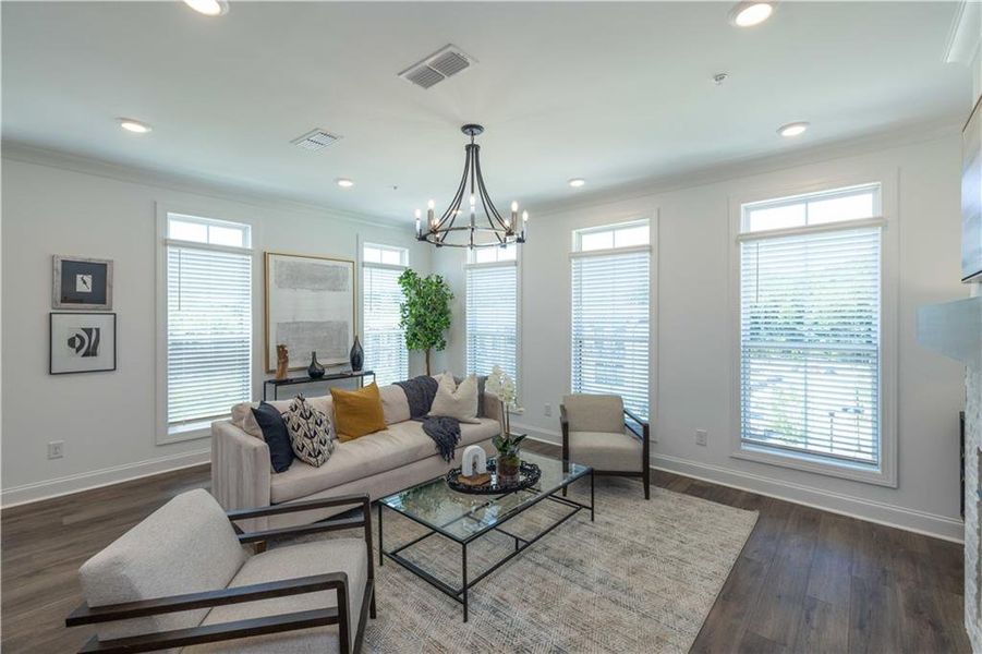 Furnished interior view inside a new home in Ward's Crossing Townhomes, Johns Creek (Image 7). Furnished interior view inside a new home in Ward's Crossing Townhomes, Johns Creek (Image 7).