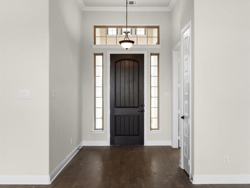Foyer with plenty of natural light, ornamental molding, and dark wood-style flooring