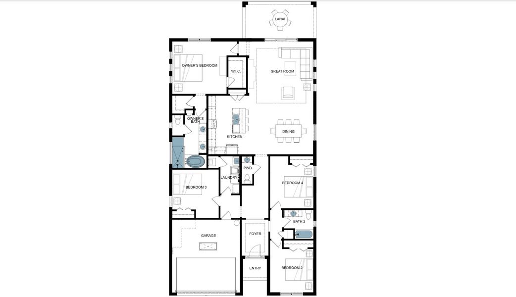 2D floor plan layout for the Bermuda by Medallion Home in The Willows Single-Family Homes, Parrish, FL (Image 4).