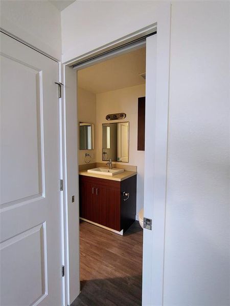 Bathroom with hardwood / wood-style flooring and vanity