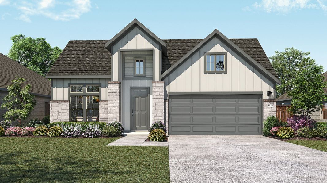 Representative exterior photo of a completed home built from the Laurel by DRB Homes in Whisper South, San Marcos, TX (Image 4). Representative exterior photo of a completed home built from the Laurel by DRB Homes in Whisper South, San Marcos, TX (Image 4).